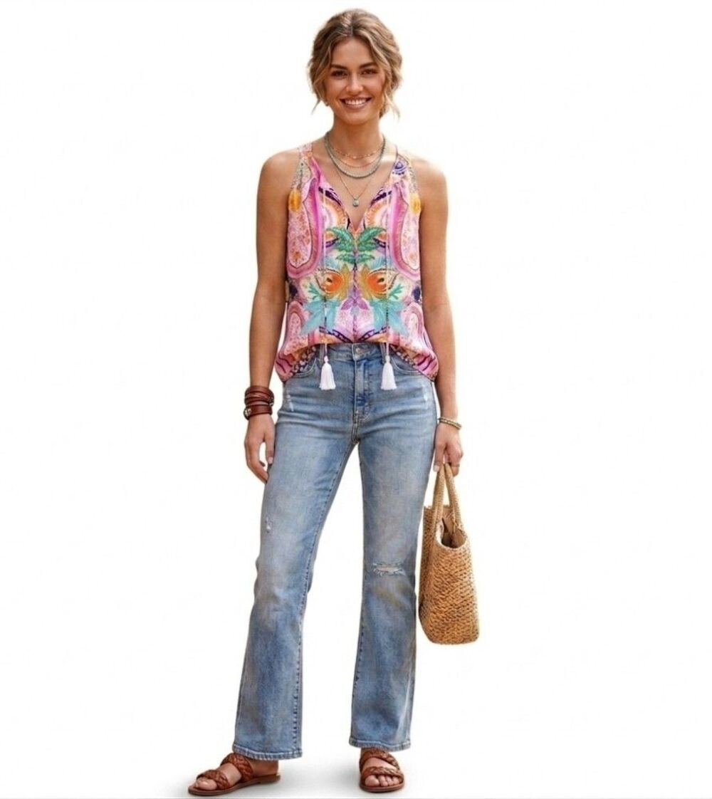 Rose & Olive Boho Paisley Sleeveless Blouse XS Tassel Tie V Neck Top